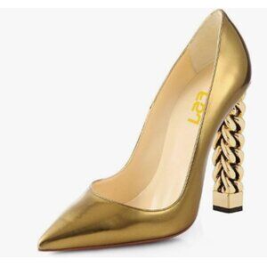FSJ Gold Gold Metal Chain Chunky High Heel Pointed Toe Slip On Fashion Pumps